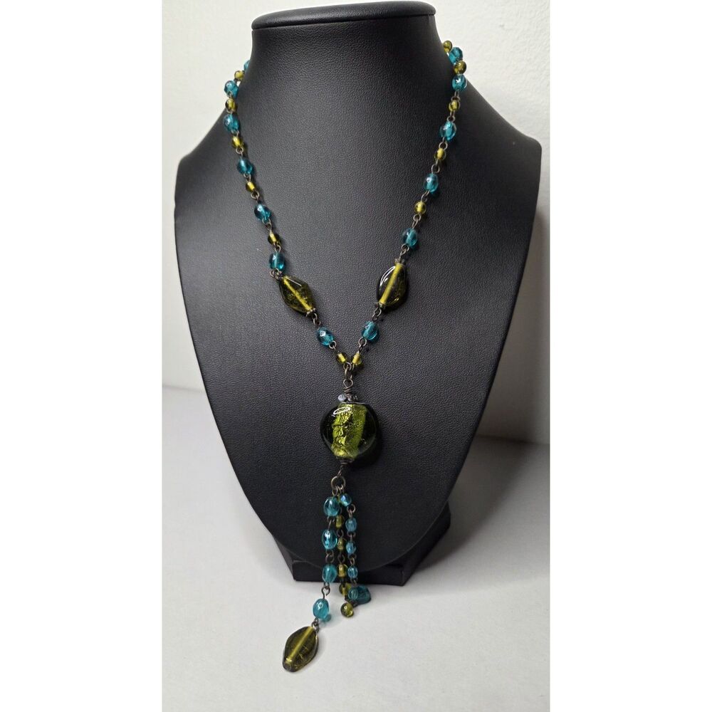 Art Glass Acrylic Blue Green Bead Tassel Necklace